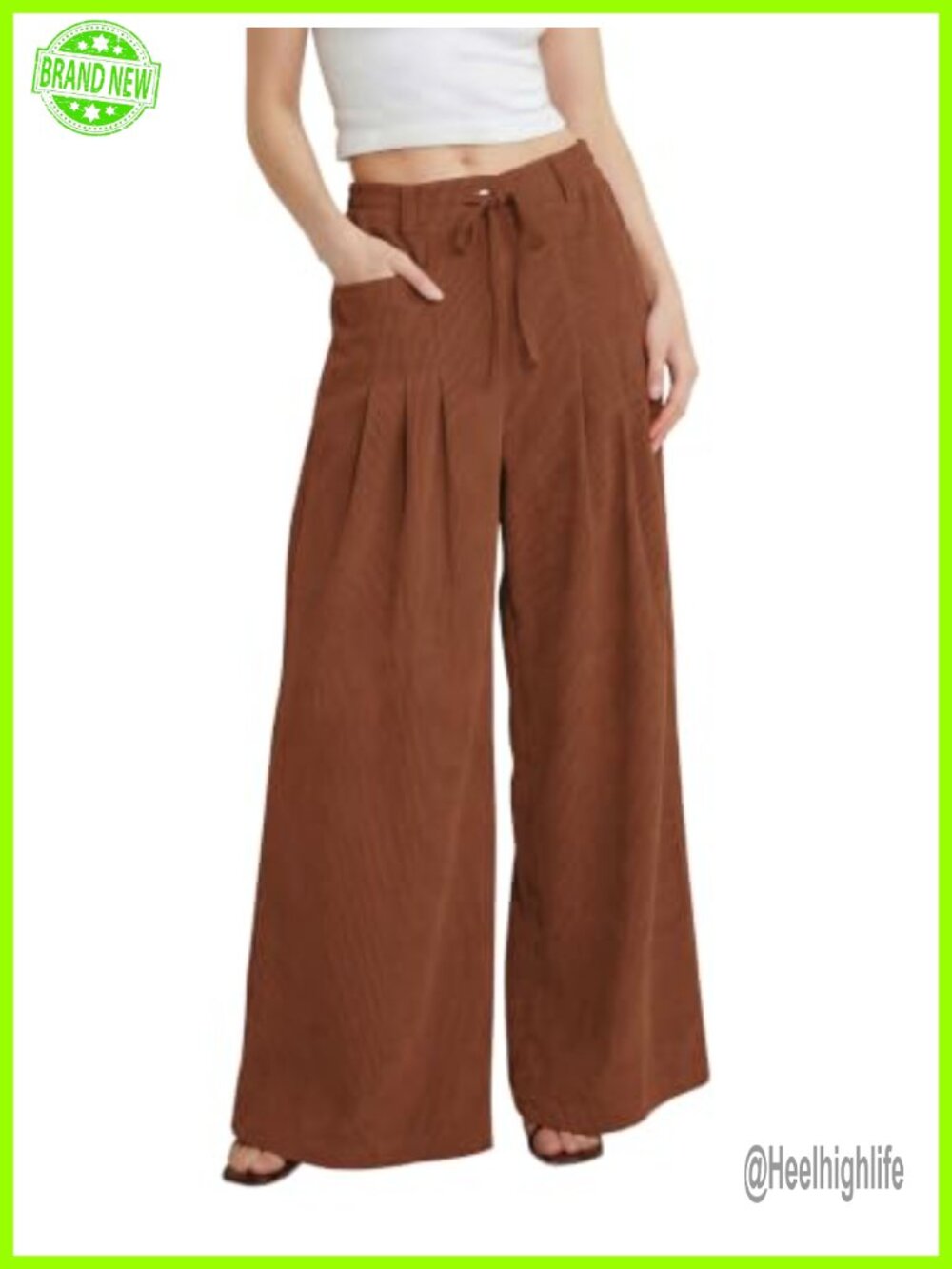 Corduroy Wide Leg Baggy Pants Elastic Drawstring High Waist with Pockets
